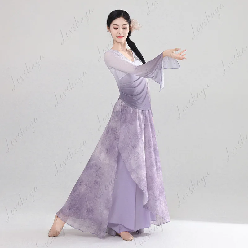 زي الرقص الكلاسيكي، فستان من الشاش المتدفق، زي الأداء، وضع الجسم الأثيري، رقص التدريب، البدلة الصينية