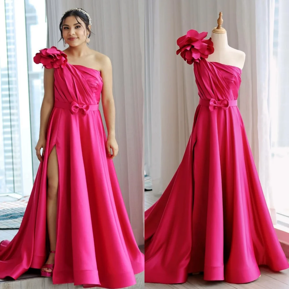 Elegant Fashion Handmade Flower Sash Bow Pleat Draped A-line One-shoulder Long Dresses Celebrity Dresses Matching Pastrol Retro