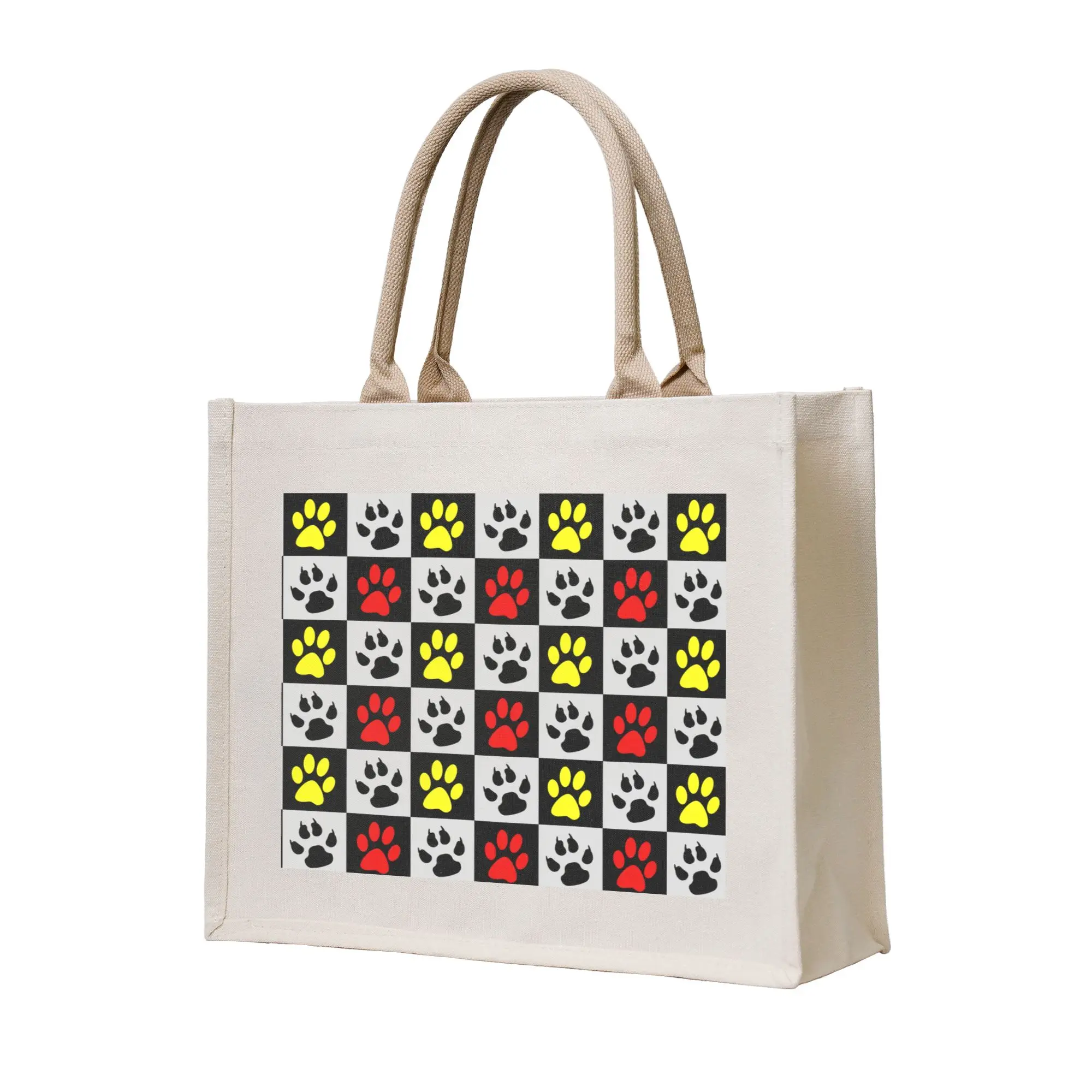 Recycling Checkered Red Yellow Black Paw Shopping Bag Women Tote Bag Portable  Grocery Shopper Bags