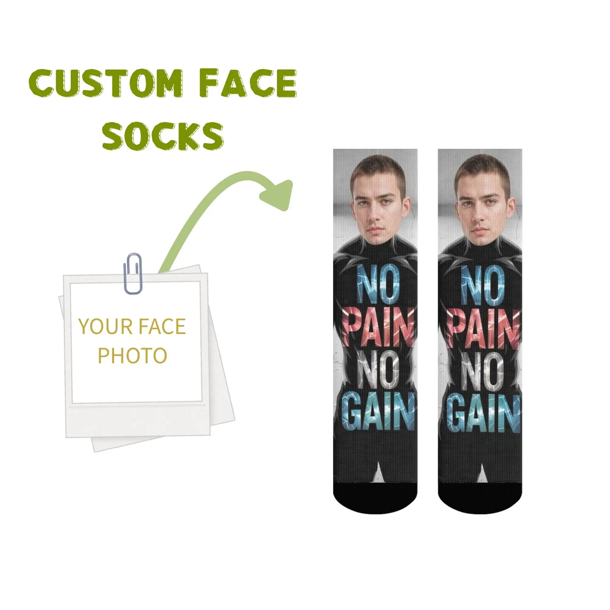 

Custom Fitness Face Men Socks Funny Novelty "NO PAIN NO GAIN" Motivational Quote Print Unique Gift for Workout & Gym Enthusiasts