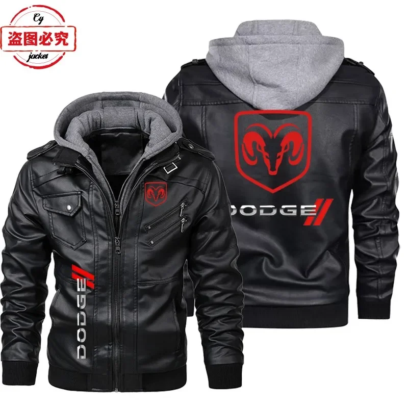 Dodge car logo leather jacket retro washed pu leather jacket windproof men's hooded jacket dodge racing suit team suit