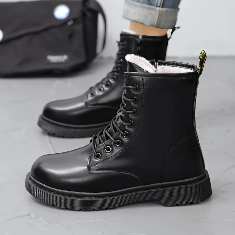 

Winter men's high top shoes with warm and plush work snow boots and leather boots