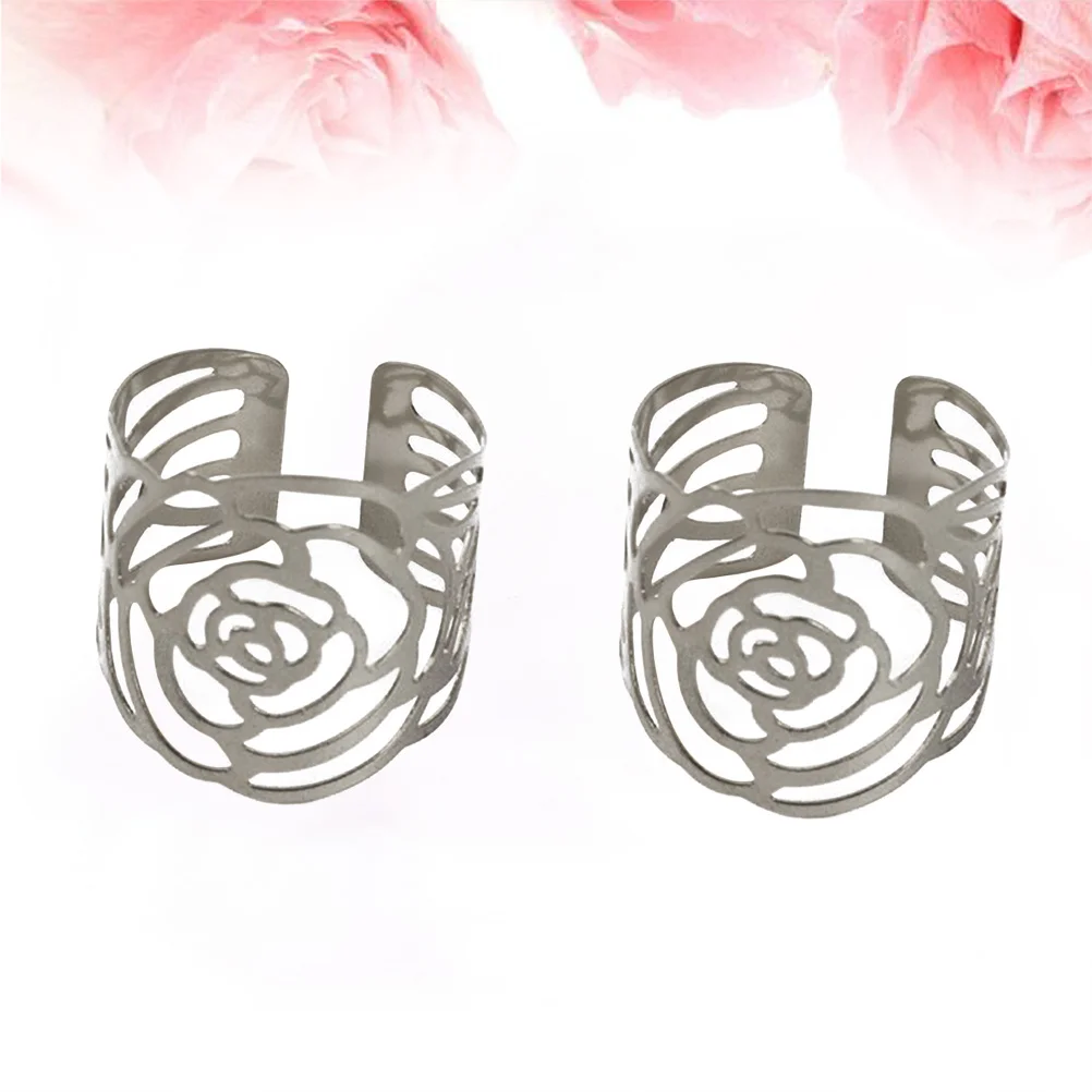 

4pcs Napkin Rings Silver Hollow Out Rose Design Iron Table Decor Napkin Buckles For Wedding Party Christmas Dinner Holder