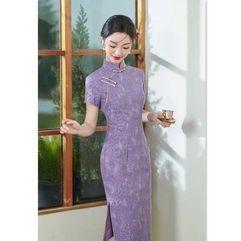 Yourqipao Chinese Style Temperament Purple Improved Cheongsams Slim Retro Performance Qipao Evening Dress for Women Party