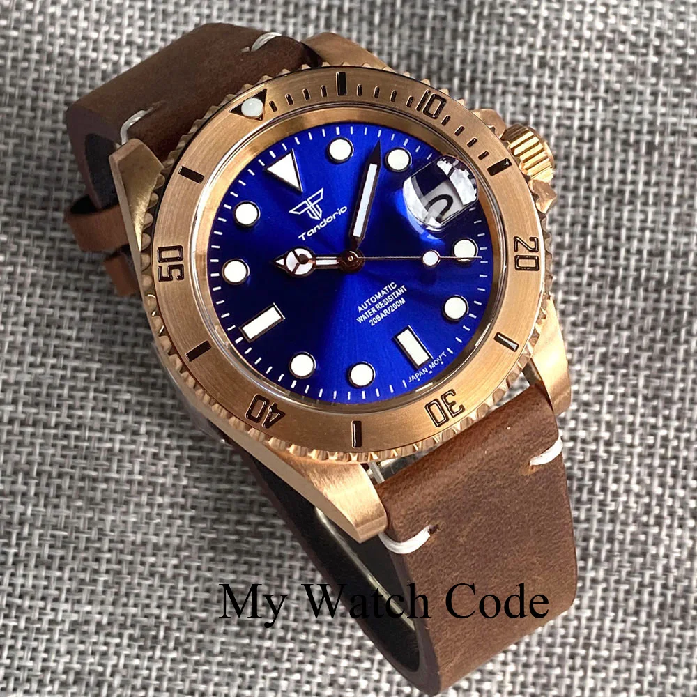 Tandorio Real Bronze Diver Mechanical Watch Men Sunburst Green Wristwatch NH35 Movt Leather band Vintage Waterproof Lume Clock