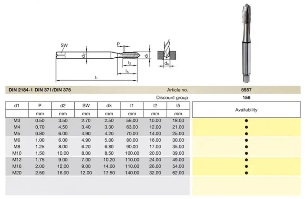 5557 Spiral Point For tap HSS-E with Chip Removal Geometry for Aluminum Threading M2 to M20 Metric Thread Sizes