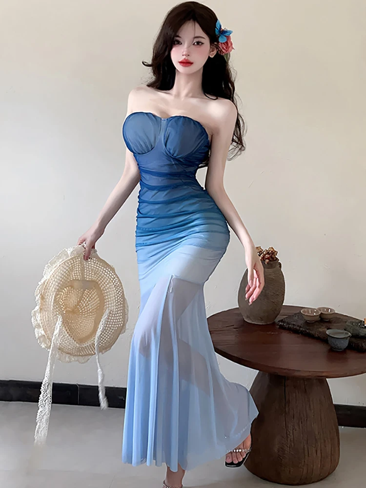 Zomer roze gradiënt mesh chique borstverpakking sexy lange jurk vrouwen geplooide bodycon dansfeestjurk 2025, Koreaanse elegante jurk