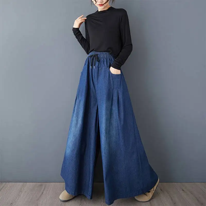 Jeans Baggy Women's Denim Casual Skirt Pants Elastic Waisted Drawstring Trendy Side Slit Wide Leg Pants with Pockets
