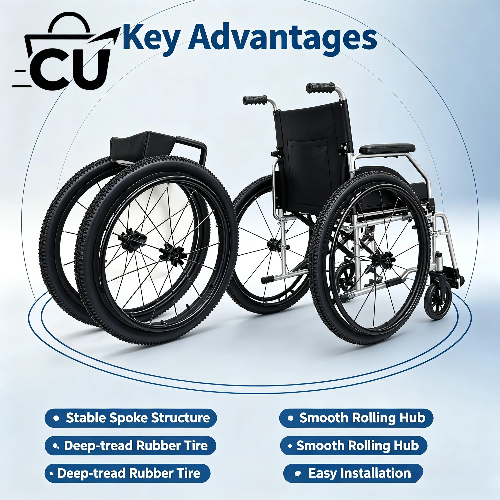 24 Inch Shock Absorbing Pneumatic Rear Wheels for Sports Wheelchair, Universal Large Off-Road Replacement Wheel Set Including