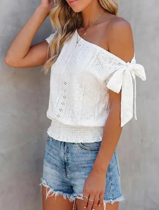 

Элегантный модный сексуальный топ с асимметричным вырезом, бантом и вырезами по бокам, текстурированный, с присборенным низом, повседневная женская одежда 2026 года