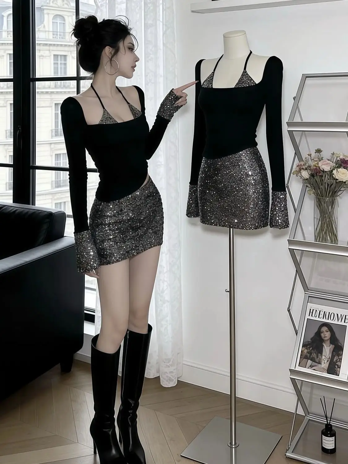 Conjuntos de 2 piezas Temperament para mujer: Tops negros de cuello cuadrado con lentejuelas pesadas y minifaldas ajustadas. Trajes de moda sexys.