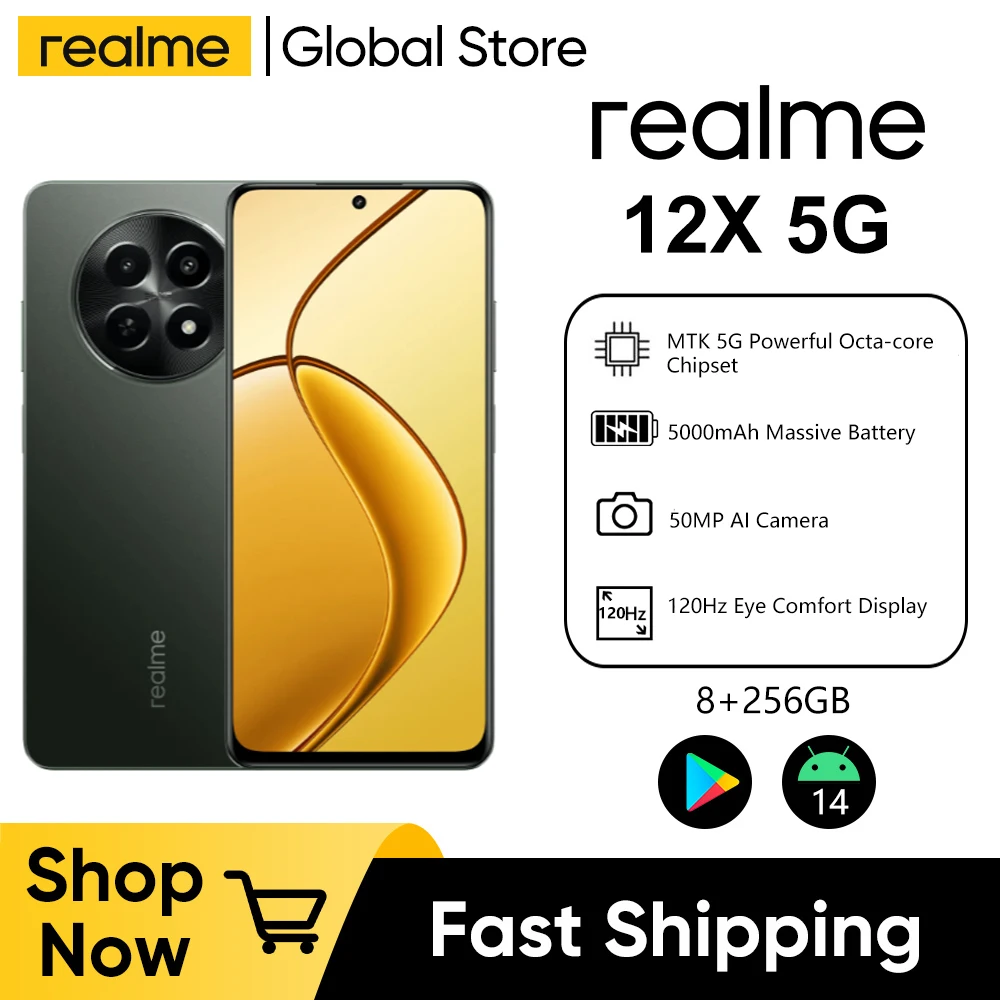 Realme 12X5G 6.67 인치 120Hz 디스플레이 휴대폰, 8GB 256GB 옥타코어 스마트폰, 50MP 카메라, 5000mAh 15W 고속 충전