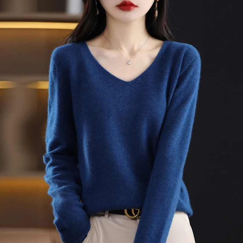 100% Pure Merino Wool Sweater Women V-neck Pullover Autumn /winter Casual Knit Tops Solid Color Regular Female Jacket Hot