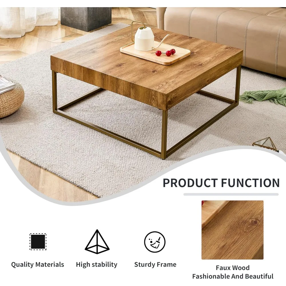 Large Square Wooden Top Coffee Table with Metal Legs for Living and Dining Rooms