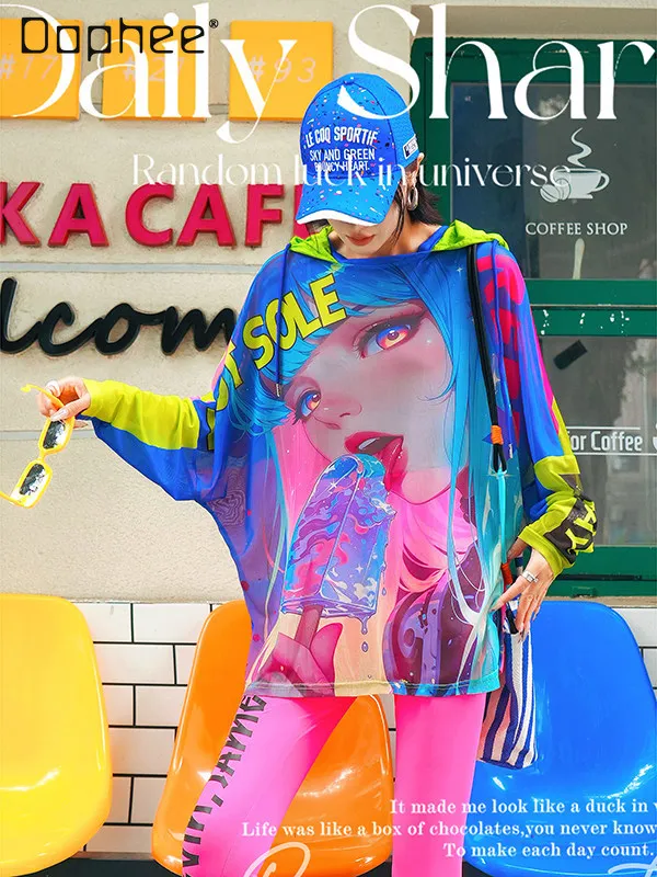 

Color Letter Casual Long-sleeved T-shirt Spring and Summer New Contrasting Color Pattern Loose Hooded Bottoming Shirt Women