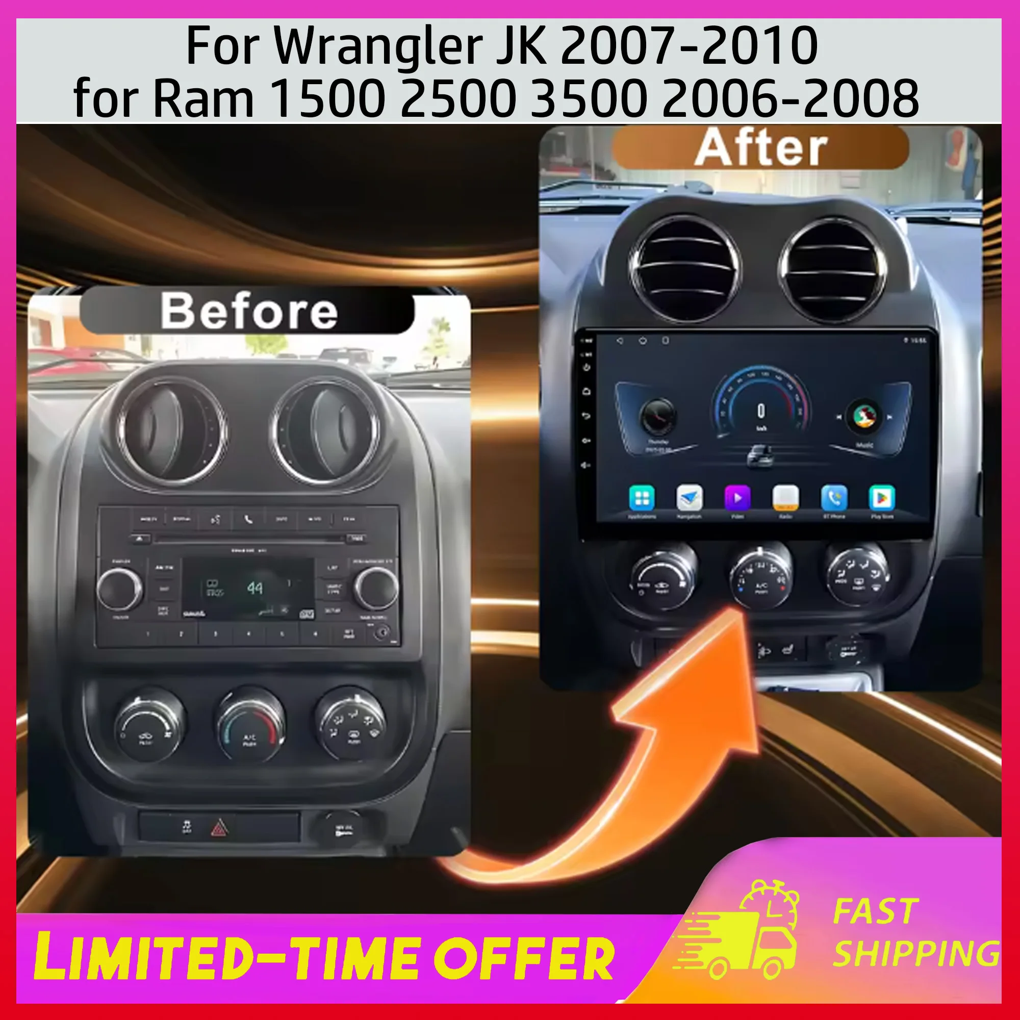 

Универсальная автомобильная магнитола для Wrangler JK 2007-2010, для Ram 1500 2500 3500 2006-2008, GPS-навигация с Carplay и Android Auto
