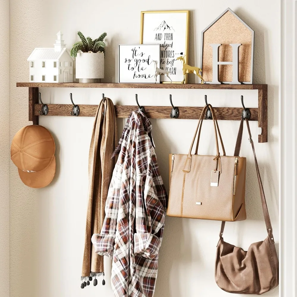 

Coat Rack Wall Mount, Extra Long Wall Hooks with Hanging, Wooden Shelf