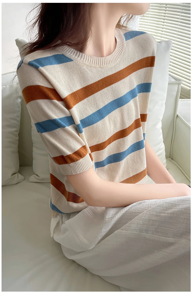 Damen T-Shirt Sommer 100% Baumwolle Pullover Kurzarm gestreift gestrickt Rundhals Damen Tops lose Bluse Pullover T-Shirts – Detail 4