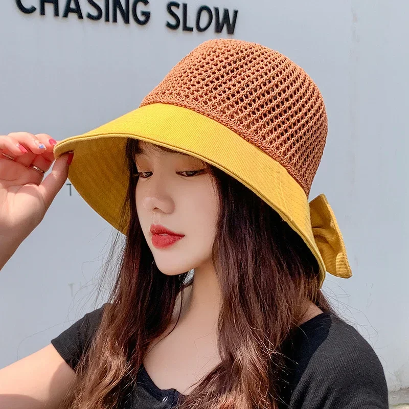 Sun Hats for Women Summer Beach Sunshine Panama Female Travel Woven Straw Hat Lady Fashion Bucket Hat Bow Tie Anti-Sun Outdoor image 4