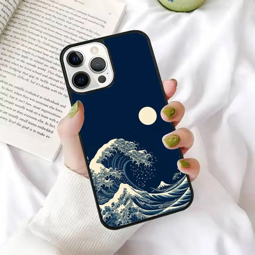

1pc Japanese Style Waves Phone Case Strong Magnetic For IPhone 16 15 14 13 Pro Max 11 12 Mini