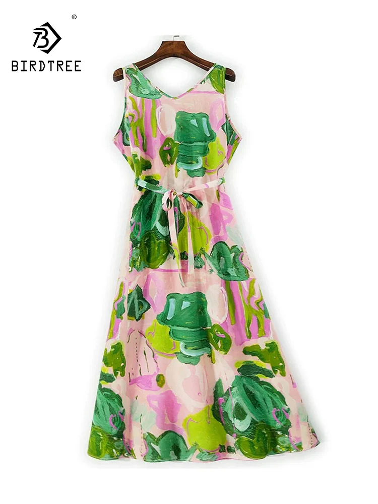 

Элегантное платье-жилет BirdTree из шелка с двойным крепом, V-образным вырезом и принтом на шнуровке, женское платье для пляжного отдыха, новинка весны 2026 D5D729CC