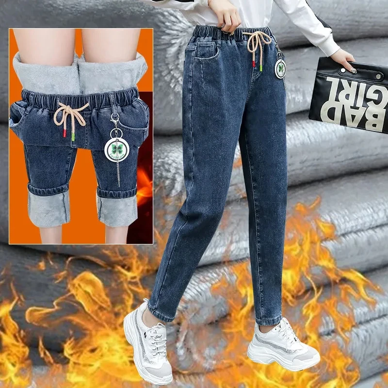 Imagem -03 - Calça Jeans de lã Quente para Mulheres Calça Jeans de Harém com Renda Vintage Calça até o Tornozelo Coto Grosso Larga Novo Inverno