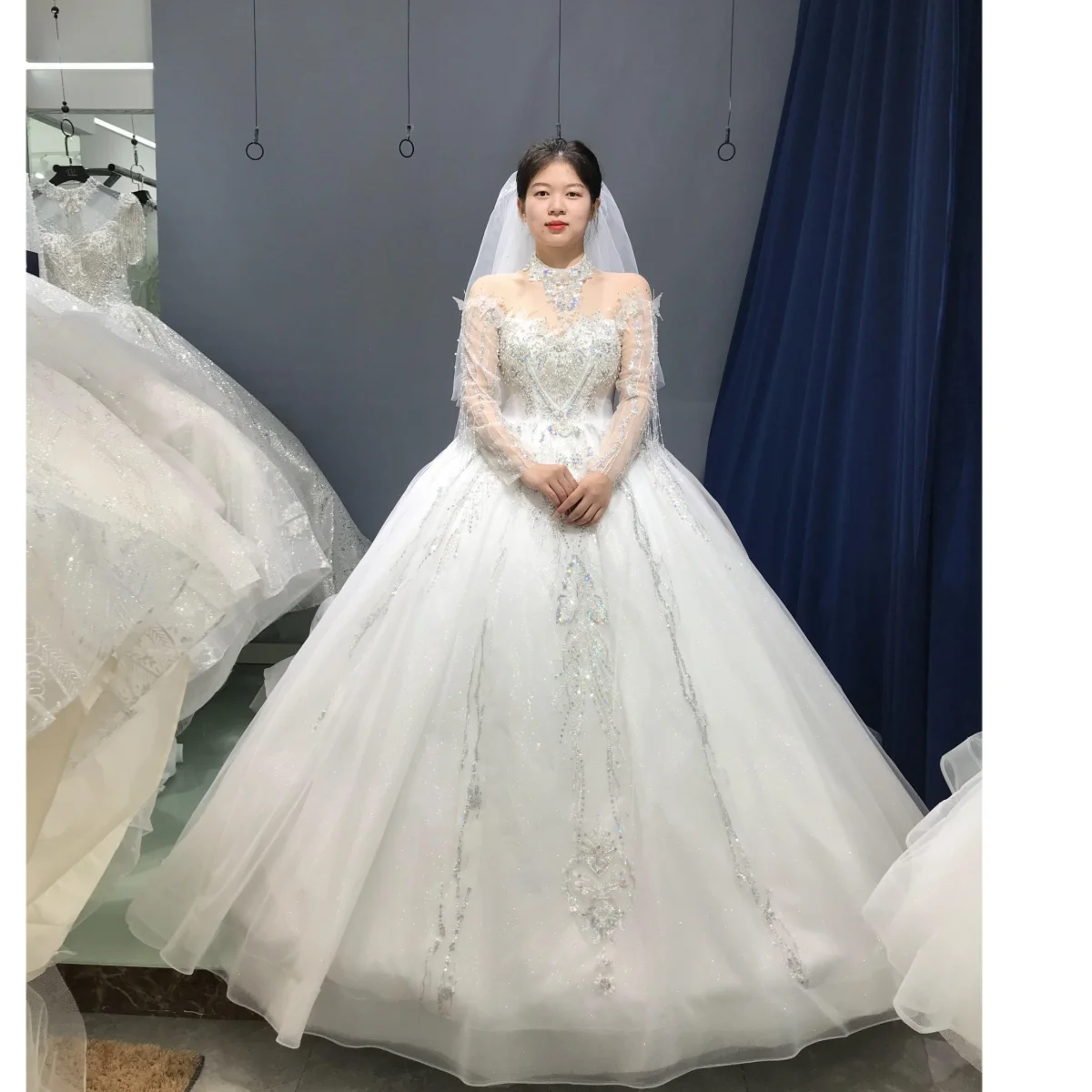 

Kisswhite Xlove Collection customized pearls heavy beads ball gown glitters bridal Long sleevess princess Big train wedding gown