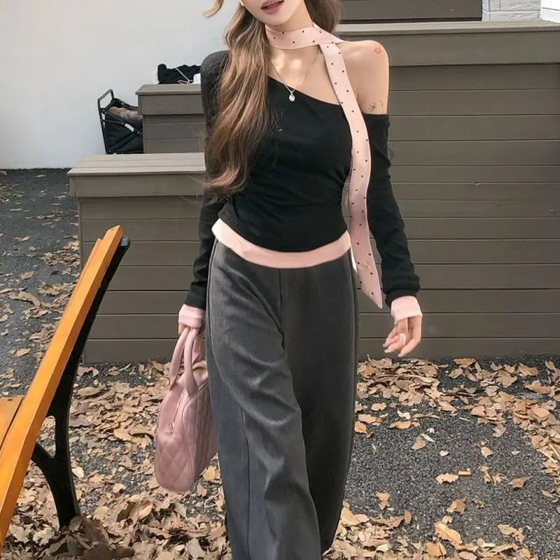 

Autumn Skew Collar Fashionable Ribbon T-shirts Hotsweet Contrasting Colors Women's Clothing Polka Dot Patchwork Slim Pullovers