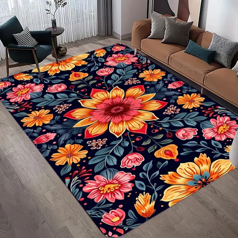 Dark Navy Warm Floral Print Area Rug Non Slip Soft Carpet Botanical Pattern Mat For Living Room Bedroom Farmhouse Boho Decor