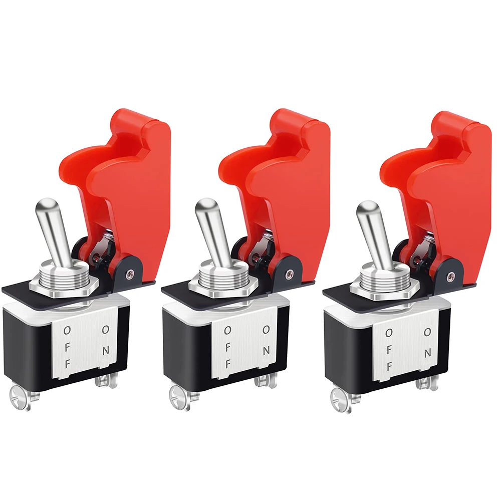 3PCS 12V Heavy Duty Rocker Toggle Switch 10A/125V SPST ON/Off 2Pin with Red Aircraft Safety Cover