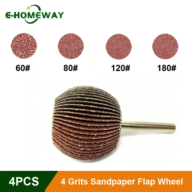 4PCS/set Spherical Sandpaper Flap Wheel, 60/80/120/180 Grits, 6mm Shank, Abrasive Rotary Tool for Dremel Polishing Ball Shape