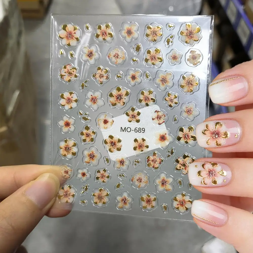1/2Pc グラデーションピンクゴールド桜ネイルステッカーエンボス加工桜の花自己粘着ネイルデカール春の花ネイルアートデコレーション