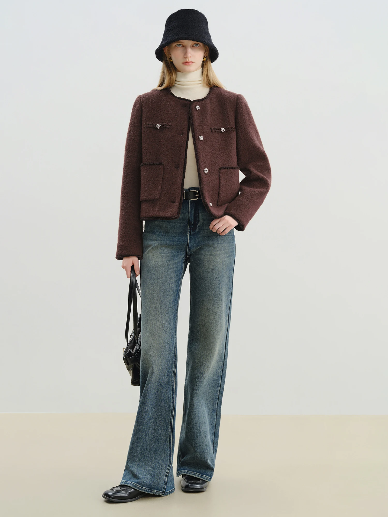 ZIQIAO 2025 Winter Women's Retro Tweed Short Coat - Textured Single Breasted Jacket Casual Elegant Outerwear