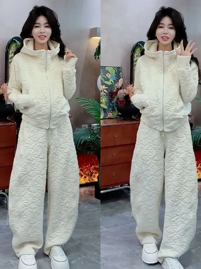 

2025 Winter Commute Casual Hooded Cotton Blend Women's Set High Waist Wide Leg Pants Long Sleeve Sweatshirt Two Piece Suit