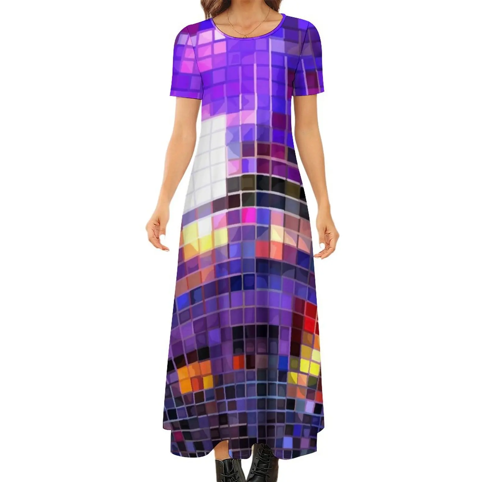 

Iridescent Disco Ball Pattern Round Neck Short Sleeve Dress Party dresses dresses with long sleeves