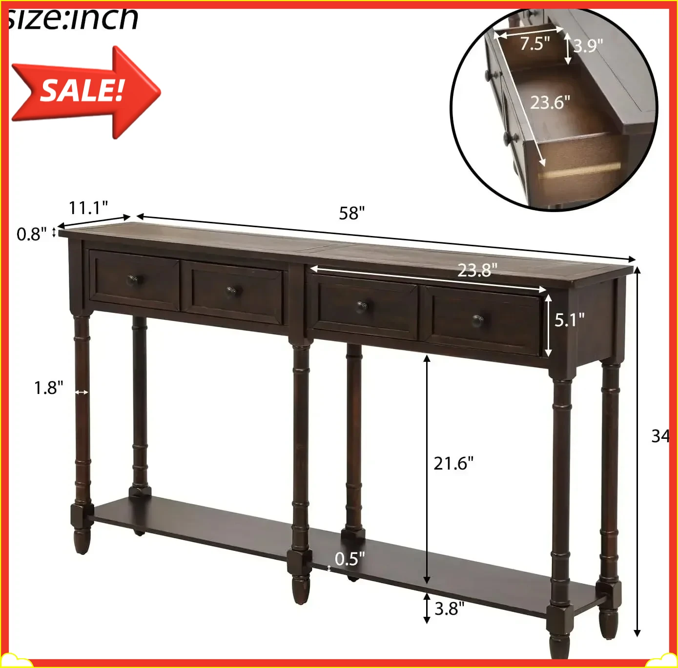 

Бестселлер: Деревянный консольный столик/столик для дивана с двумя выдвижными ящиками и нижней полкой для гостиной, прихожей, простая сборка.