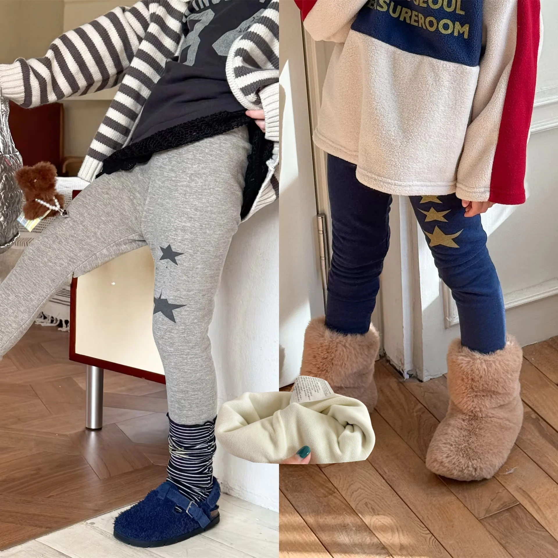 

1-6Y Kids Star Print Warm Pants New Kids Clothes Girls Cotton Elastic Waist Fleece Lined Leggings Children Casual Bottoms Outfit