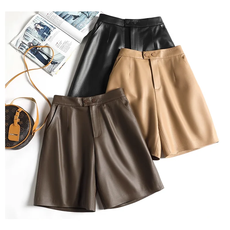 

Europe and America New Real Leather Shorts Loose Women Soft Skin Bermuda Shorts Elastic Waist Straight Wide Leg Trousers Mujer