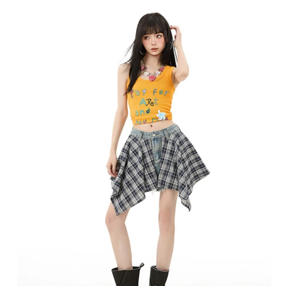 2026 Summer American Style Irregular Plaid Spliced Denim Shorts Women's Casual Versatile Fasle Two-piece Raw Edge A-line Shorts