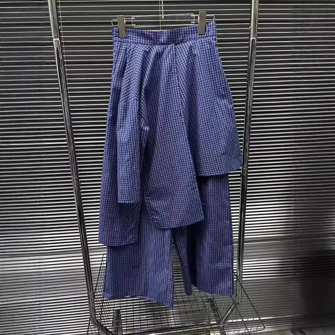 

SuperAen 2026 Весна-лето: Новинка! Синие асимметричные длинные юбка-брюки в клетку в корейском стиле, А-силуэт