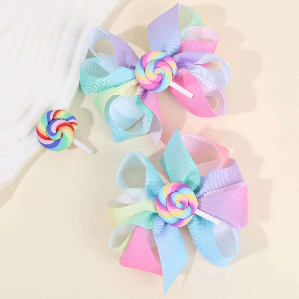 2Pcs Sweet Lollipop Hairpin Colorful Ribbon Bowknot Hair Clip For Litter Girl Boutique Headwear Barrettes Kids Hair Acesssories