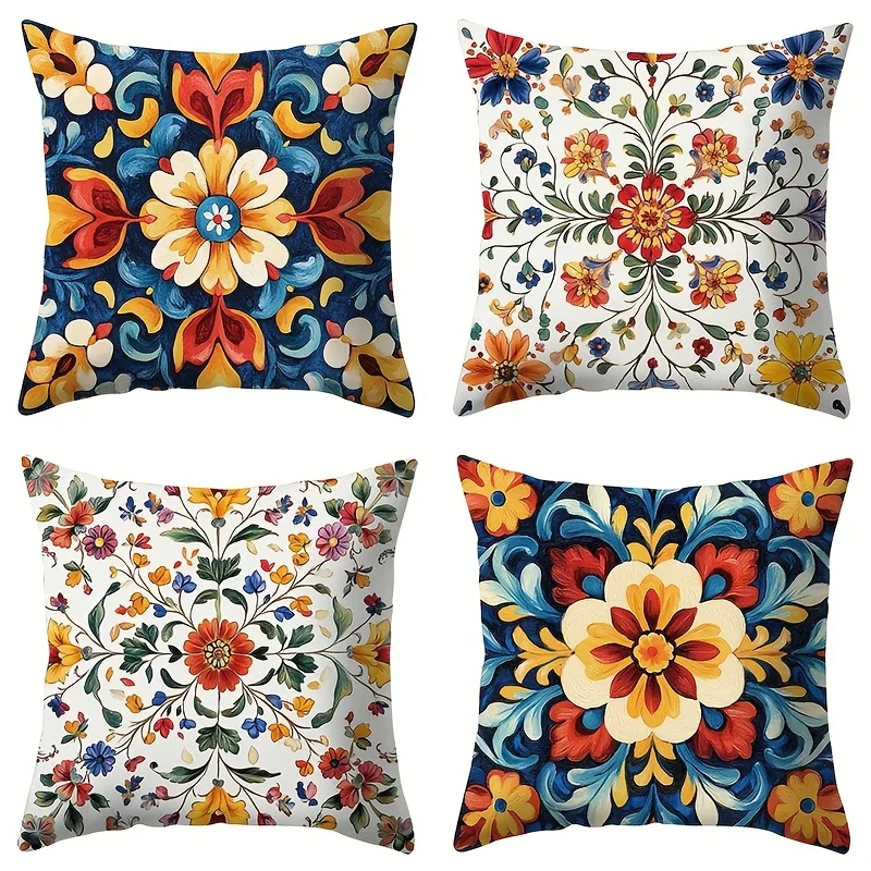 4pcs Bohemian floral pattern Single-sided printing Short plush Suitable for living rooms bedrooms sofas (excluding pillow cores)