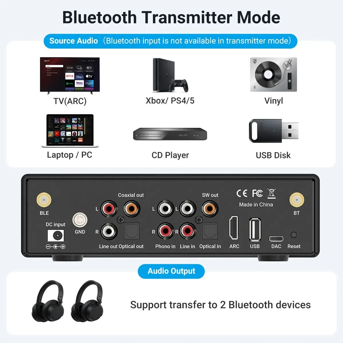 Arylic BP50 Bluetooth Audio Receiver Bluetooth Stereo Aptx Hd Audio Pre-Receiver 2.1 Channel Class D Integrated Amplifier