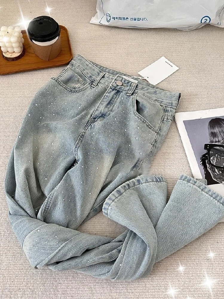 

Прямые джинсы с горячим тиснением для женщин, осень 2022, новые повседневные широкие брюки с высокой талией, джинсовые брюки в стиле ретро High Street