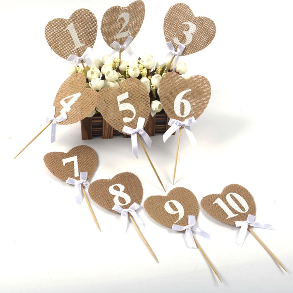 

10pcs Heart Shaped Burlap Table Numbers Vintage Wedding Desk Flags Diy Number 1-10 Rustic Jute Banner Party Event Decoration