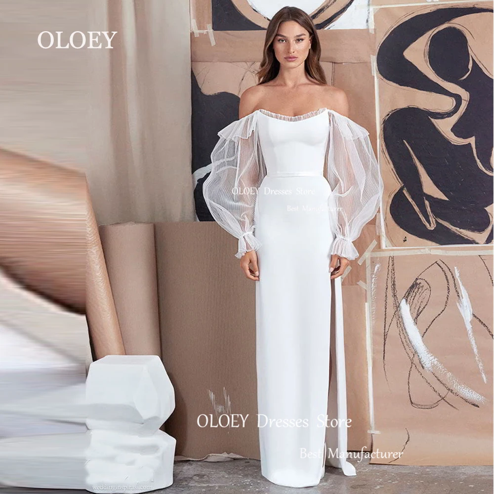 

OLOEY Elegant Satin White Straight Wedding Dress Scoop Neck Pleats Tulle Puff Sleeves Floor Length Bridal Gown Left Slit Custom