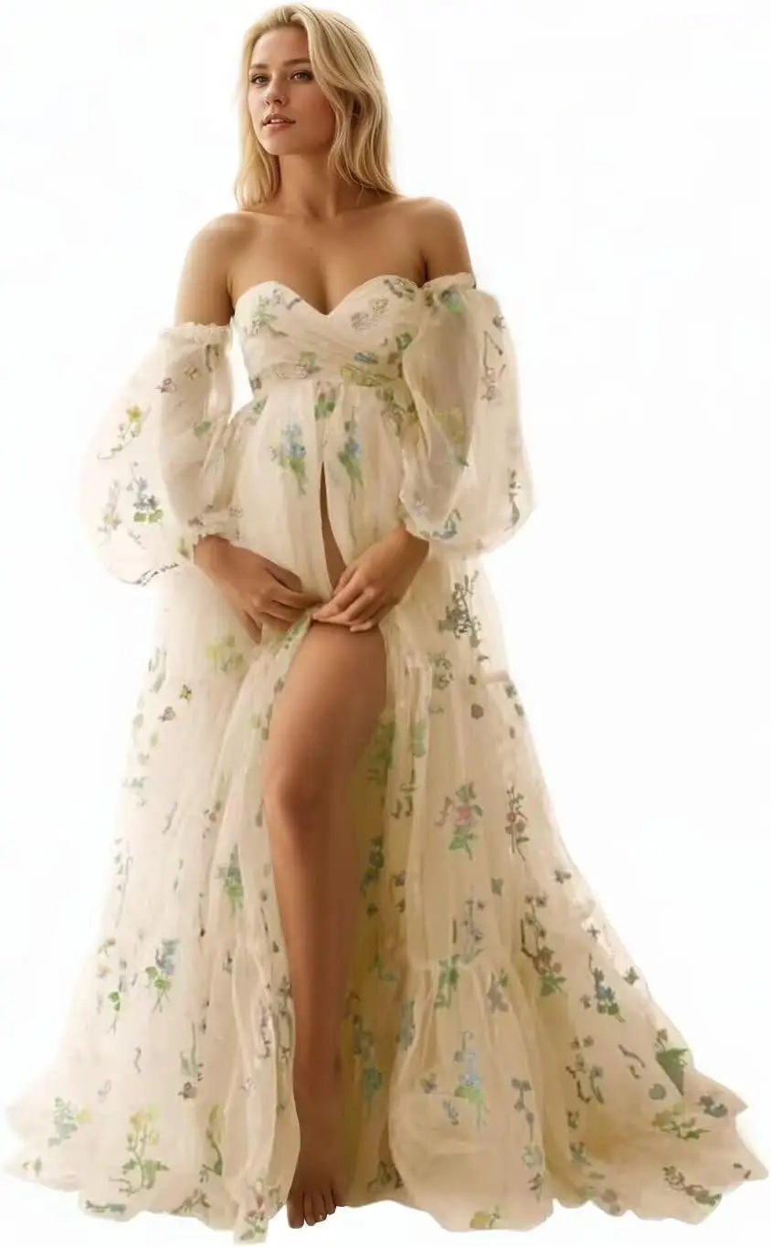 

embroidered lace Flower Tulle Maternity Dresses for Photoshoot Long Puffy Sleeve Off Shoulder Pregnancy Baby Shower Dress