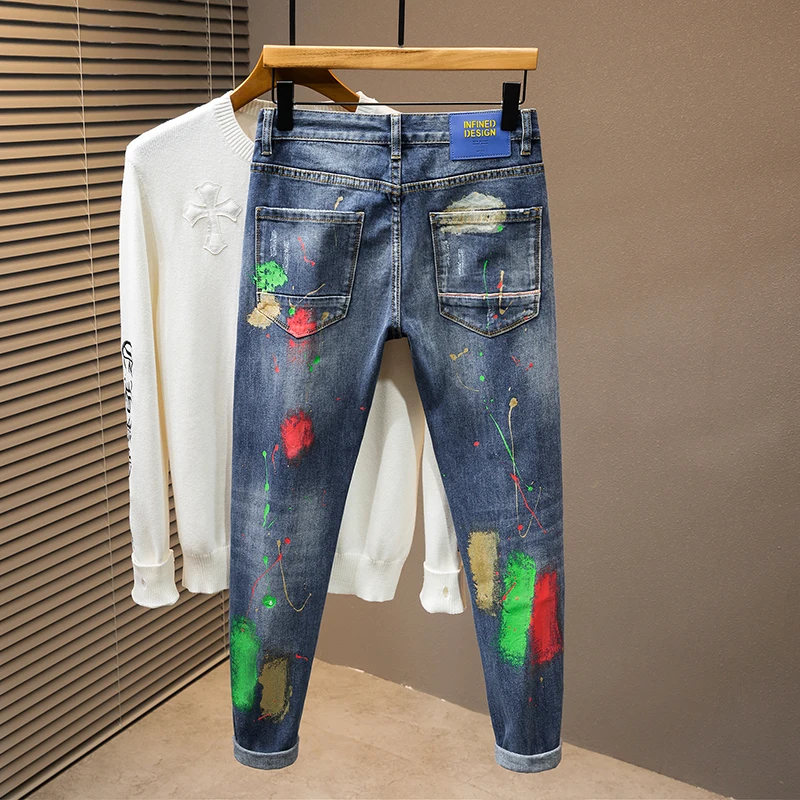 2024 New light luxury Blue MEN'S jeans fashion hole patches tide elastic slim embroidery spray paint straight casual denim pants
