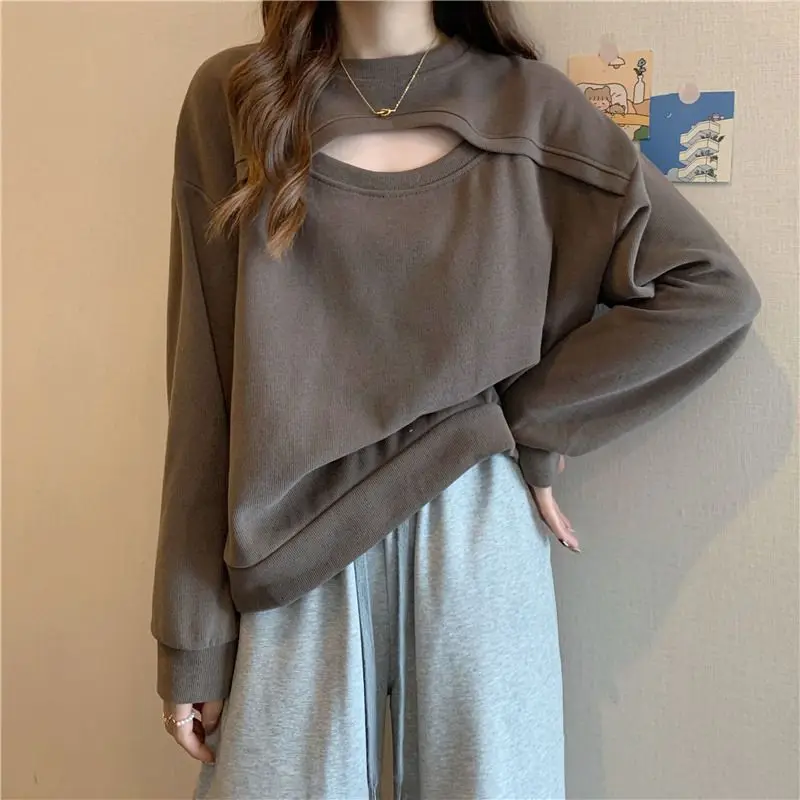 Hollowed Out Splicing Sweater Female Advanced Design Sense Versatile Loose Fitting Large Size Spring and Autumn Seasons Tops