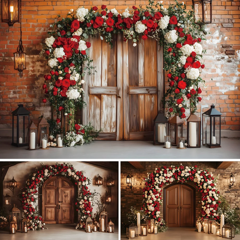 

Valentine's Day Photography Backdrops Red Rose Candle Brick Wall Arch Door Wedding Bridal Shower Background Photo Booth Studio